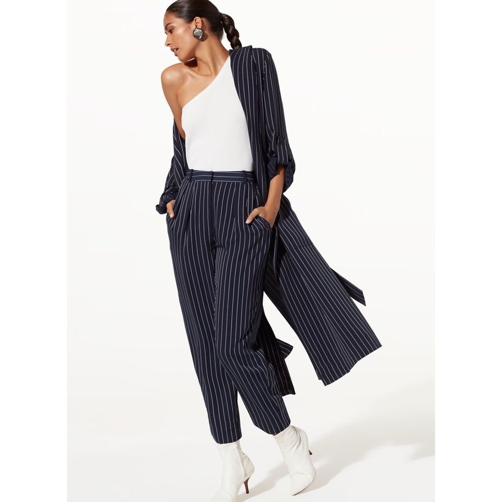 Aritzia Babaton Modesto Pinstripe‎ Pants Navy Blue Pleated High Waisted- Size 2